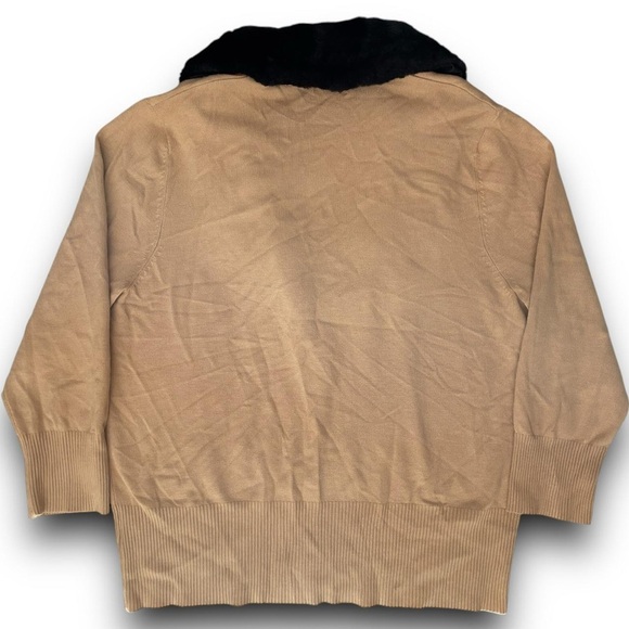 Faux Fur Collar Cardigan‎ Tan Knit Sweater Rhinestone Clasp Buckle Closure Bow L - Picture 5 of 8